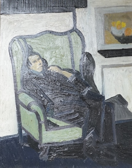 Modern British, impasto oil on canvas, Seated man with a pipe, unsigned, 49 x 39cm. Condition - good